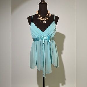 Frederick’s of Hollywood Y2K Sheer Babydoll Cami Aqua Blue Satin Tie Size M